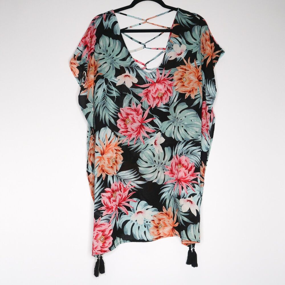 Kona Sol Womens Swim Coverup Size Medium Black Pink Blue Tropical Leaves Tassels